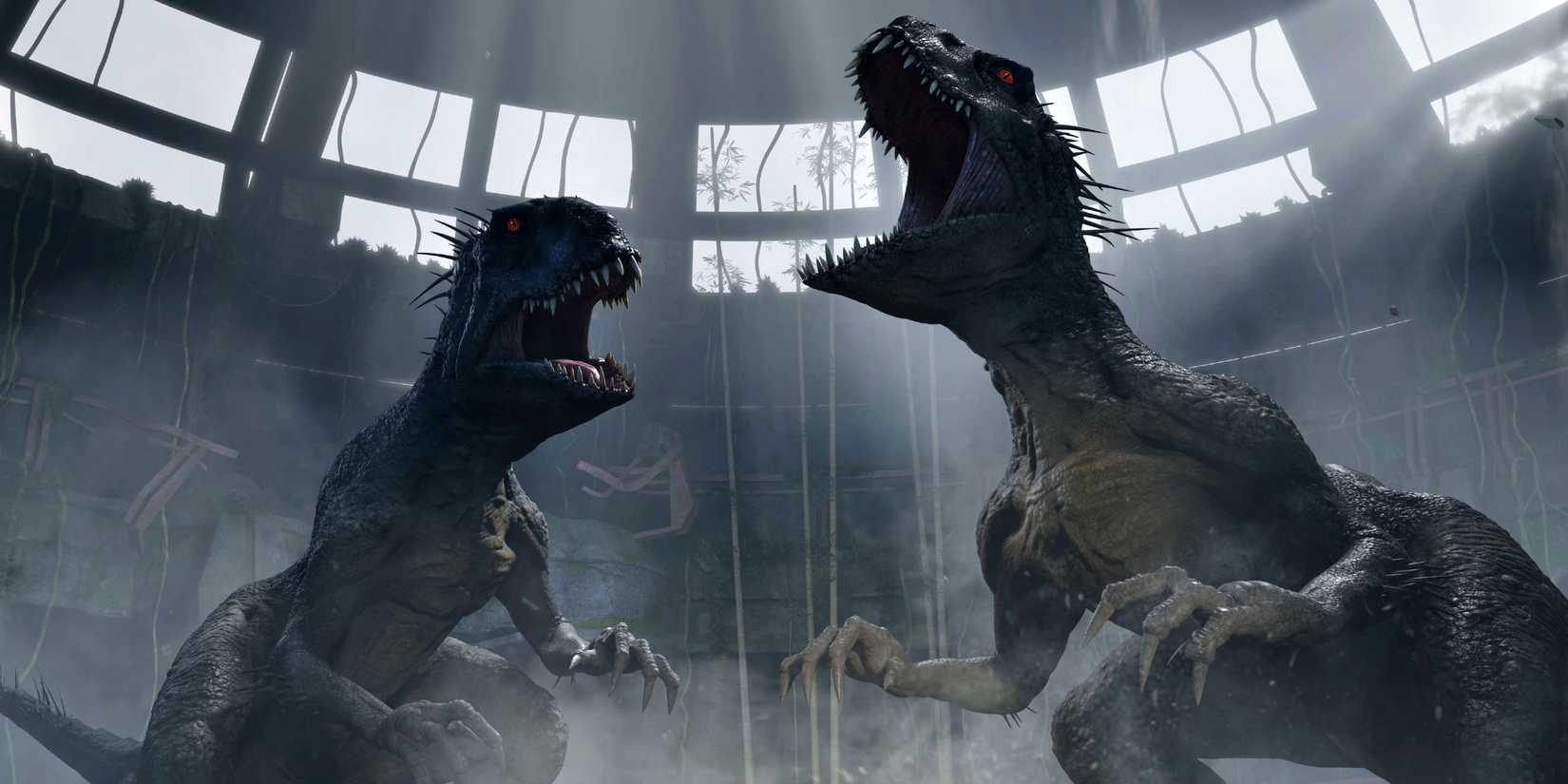 Two Scorpios Rexes roar in the fog in Jurassic World: Camp Cretaceous