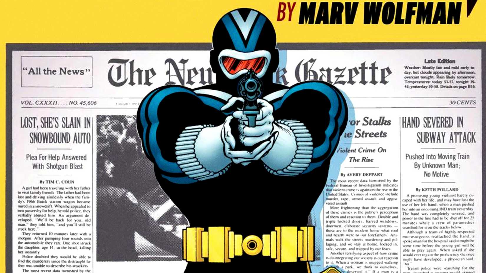 Vigilante aims a gun in front of a newspaper