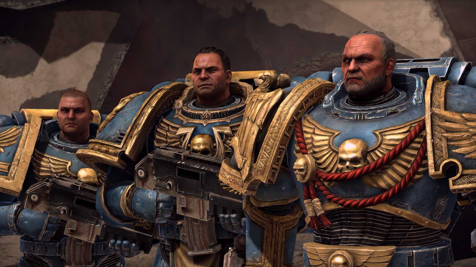 Three Ultramarines without their helmets on in Warhammer 40,000: Space Marine Master Crafted Edition.