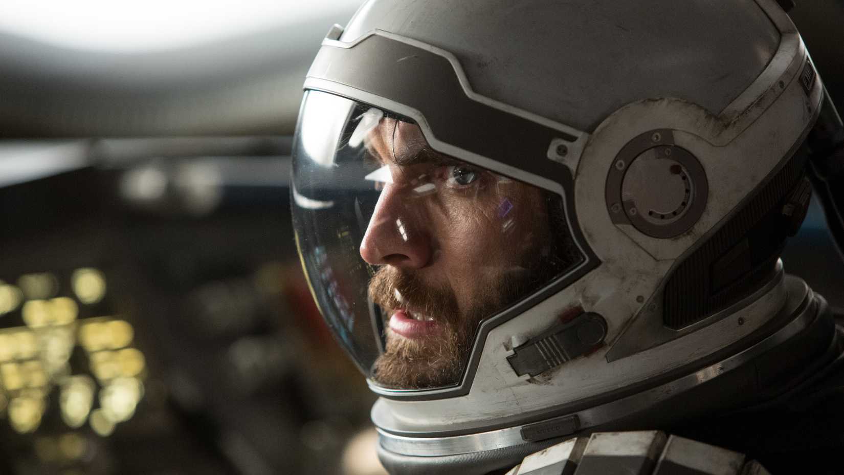Wes Bentley wearing a space suit and looking intense in Interstellar