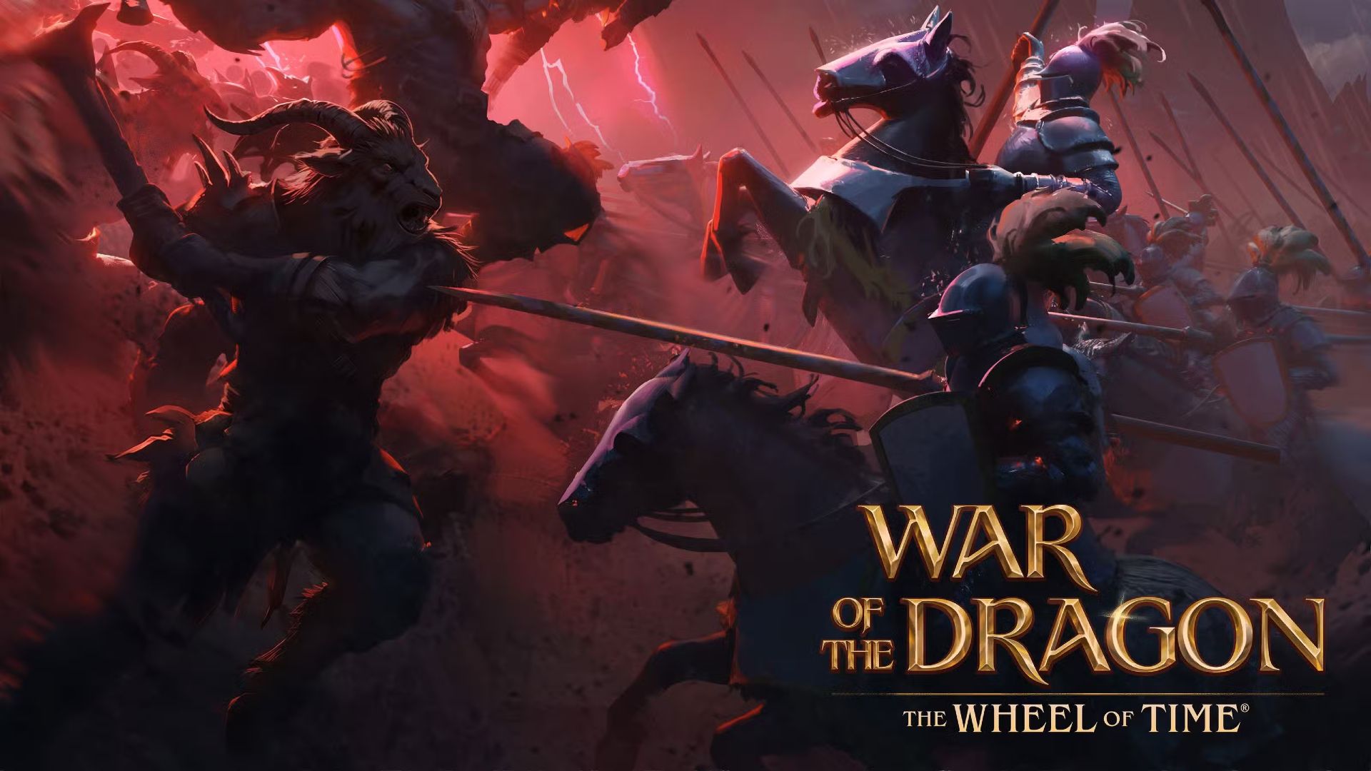 A group of knights battles a bestial hoard of monsters on a red-tinged battlefield.