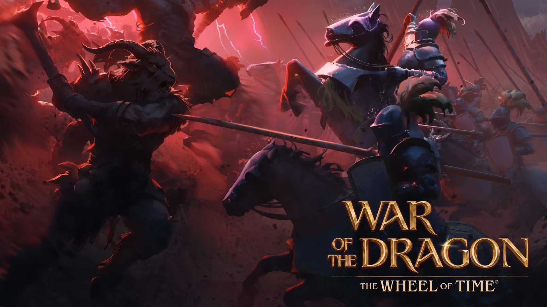 A group of knights battles a bestial hoard of monsters on a red-tinged battlefield.