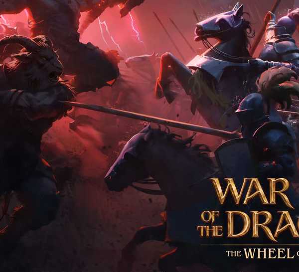 A group of knights battles a bestial hoard of monsters on a red-tinged battlefield.