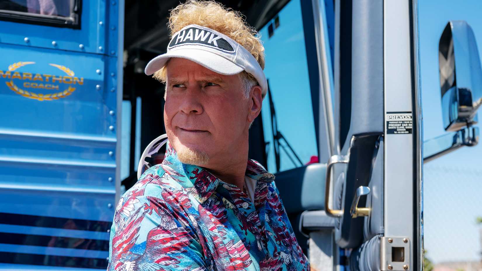 Will Ferrell smirking as he gets off a bus in Netflix's The Hawk