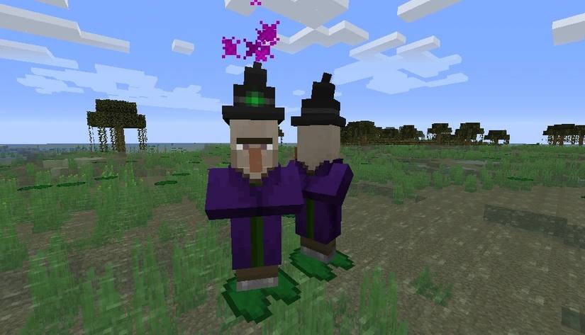 witch mob standing on a lilypad in the swamp in Minecraft