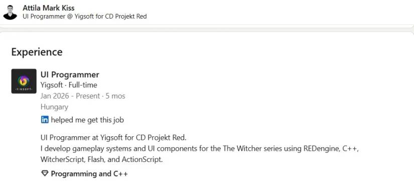 Image shows a job listing on LinkedIn for The Witcher 3