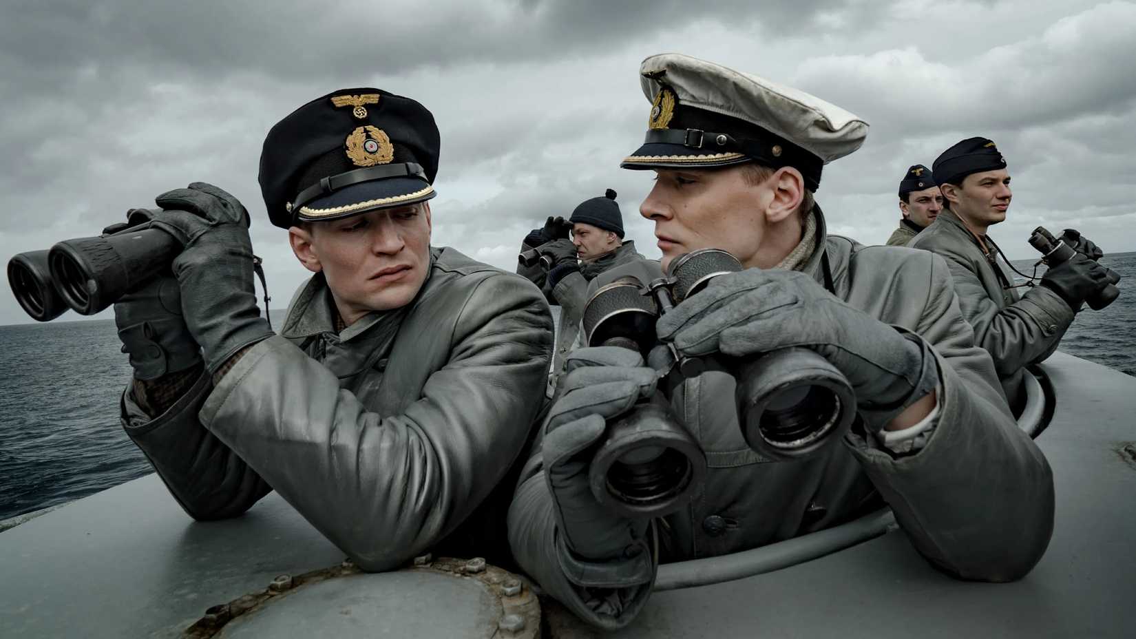 WW2 soldiers stand out of a porthole of a submarine in Das Boot show