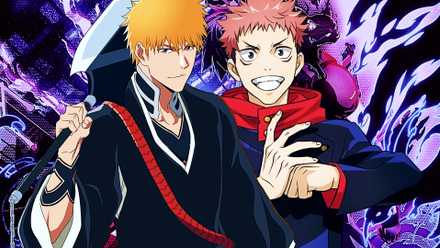 Yuji Itadori from Jujutsu Kaisen and Ichigo Kurosaki from Bleach in front of a Black Torch background