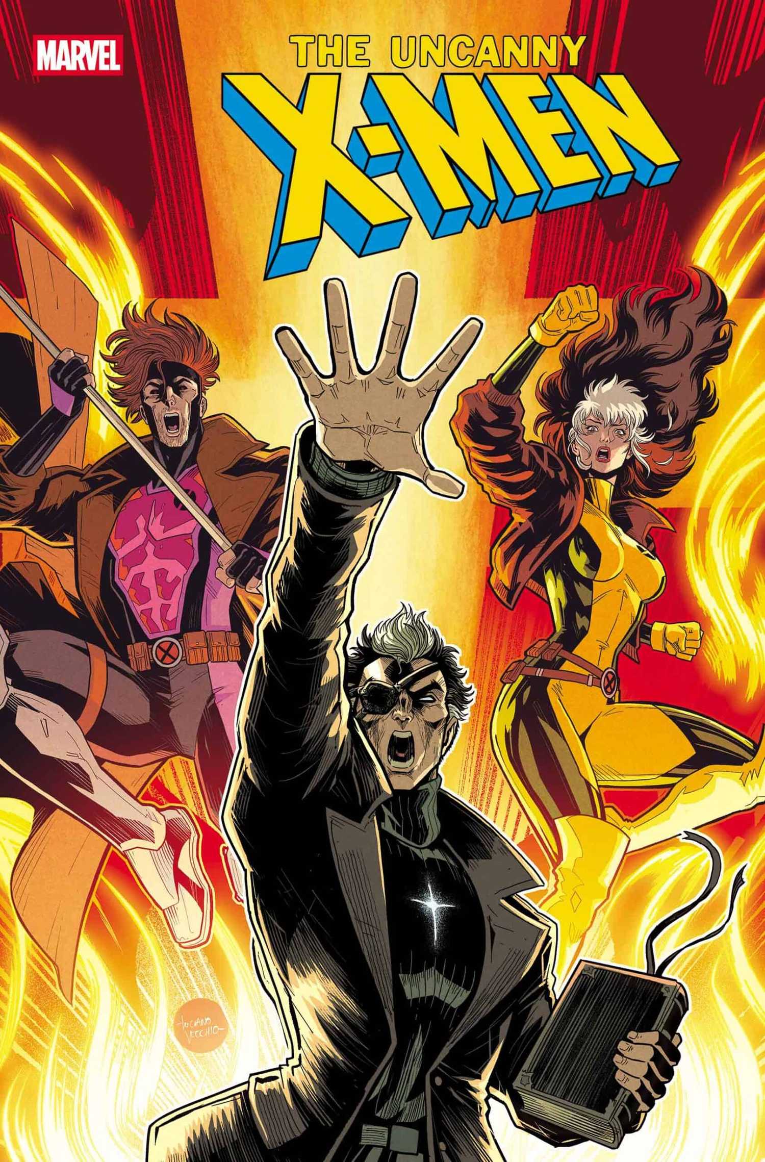 Zealot preaches between Gambit and Rogue in The Uncanny X-Men #33 cover