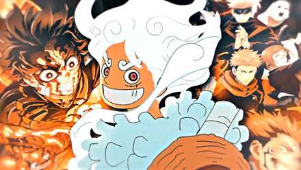 Gear 5 Luffy in front of Tanjiro and Jujutsu Kaisen main cast.
