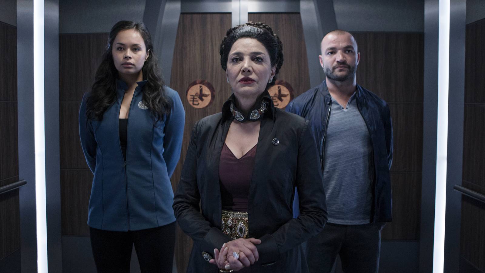 Frankie Adams as Bobbie, Shohreh Aghdashloo as Chrisjen, and Nick E. Tarabay as Cotyar in The Expanse season 2