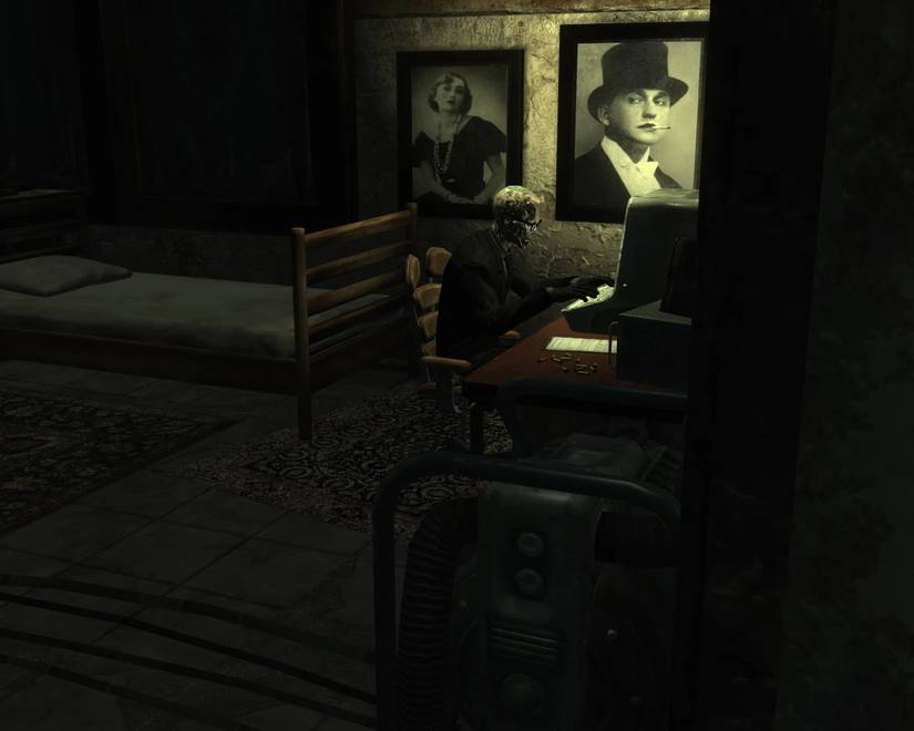 A ghoul typing at a computer terminal in the Fallout New Vegas mod Forgotten Valley.