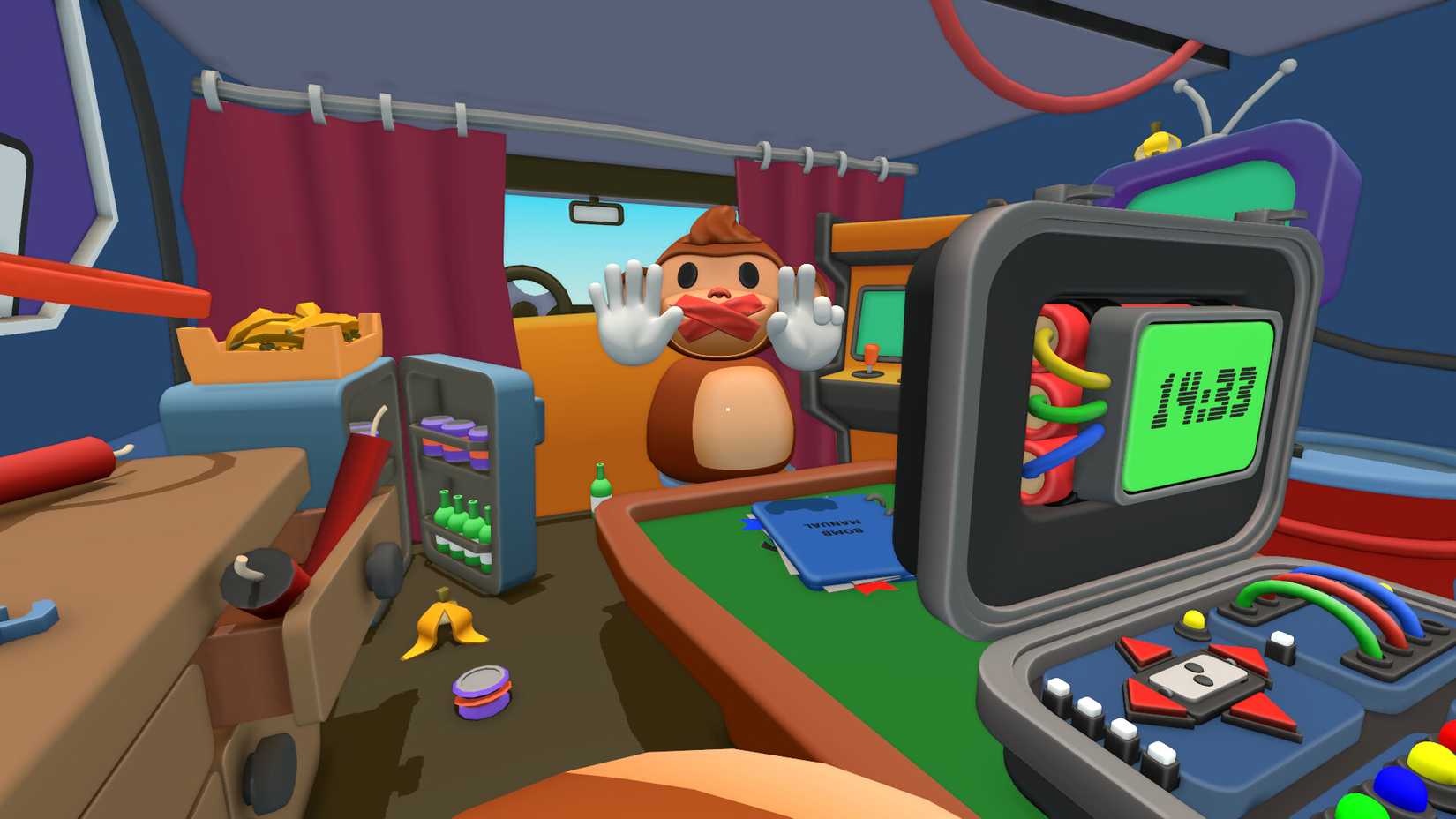 A monkey with tape over its mouth gesturing in front of a bomb in a suitcase in Bombanana.