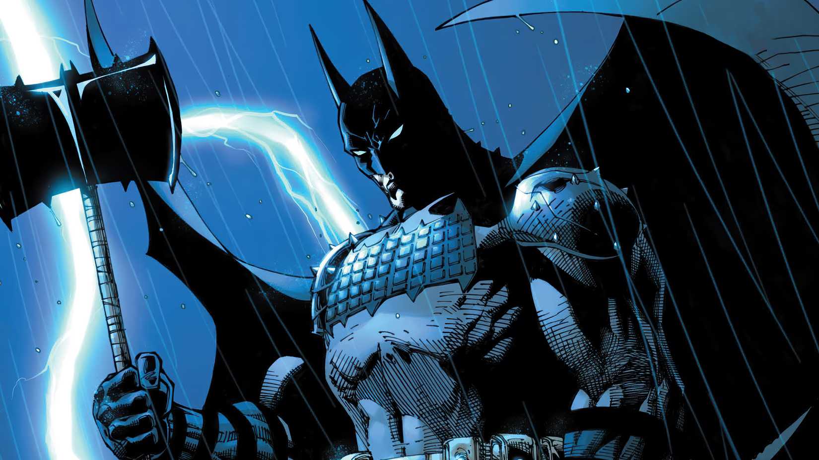 Absolute Batman holding an ace with lightning striking behind him.