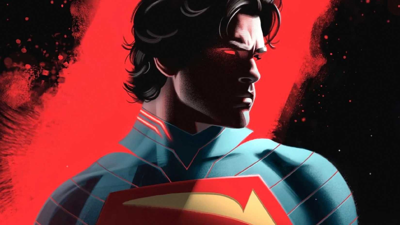 Absolute Superman charges up his heat vision on a red background