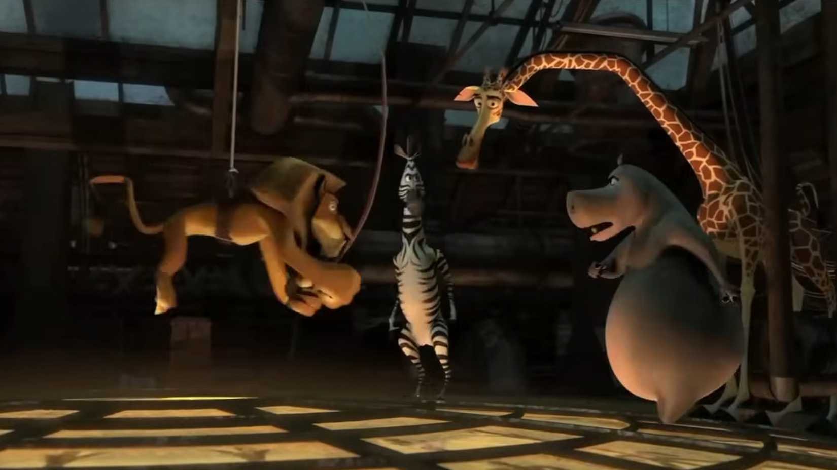 Alex and his friends about to fall into a casino from above in Madagascar 3
