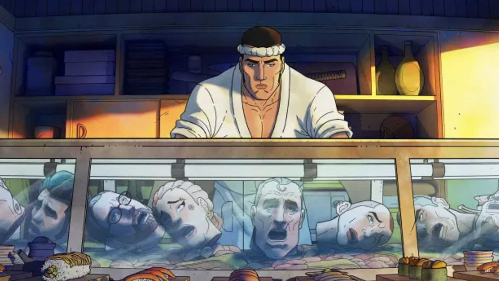 An image of Get Jiro from the show with a character looking at heads
