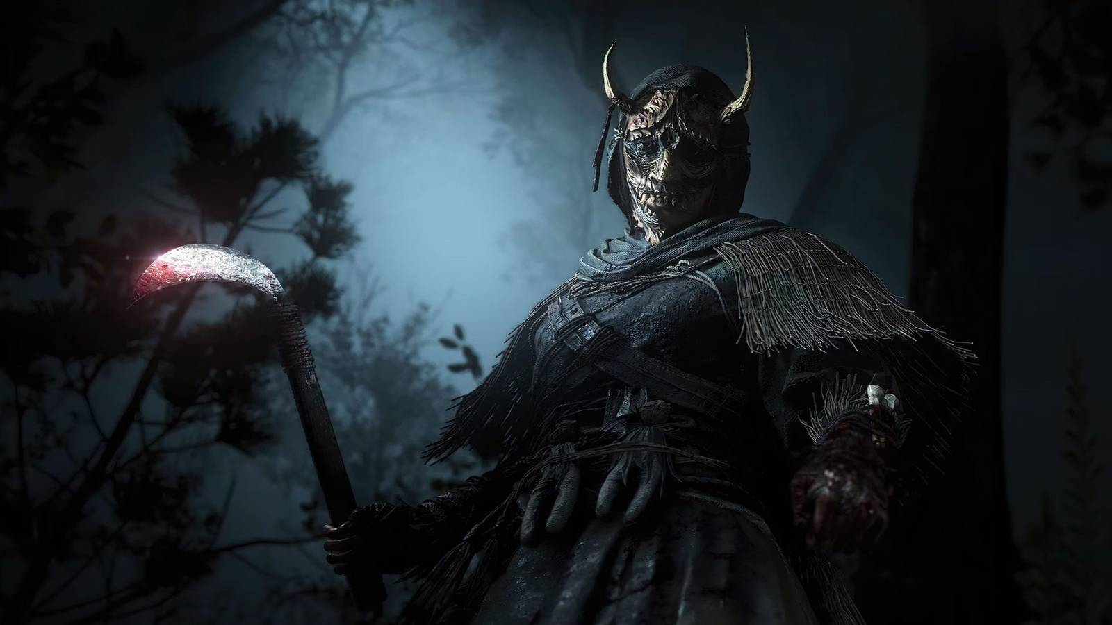 A masked figure holding a bloody hand scythe.