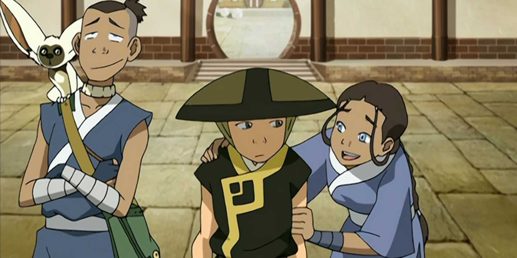 Avatar Aang consoled by Korra laughing Sokka