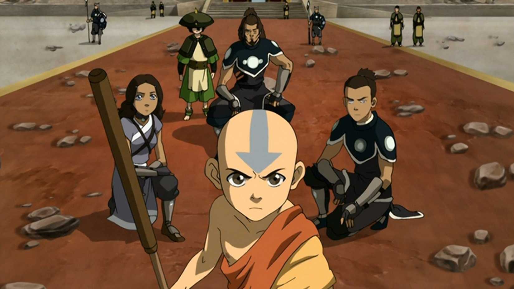 Katara, Toph, Hakoda, Sokka, and Aang crouching in battle-ready positions in Avatar: The Last Airbender season 3