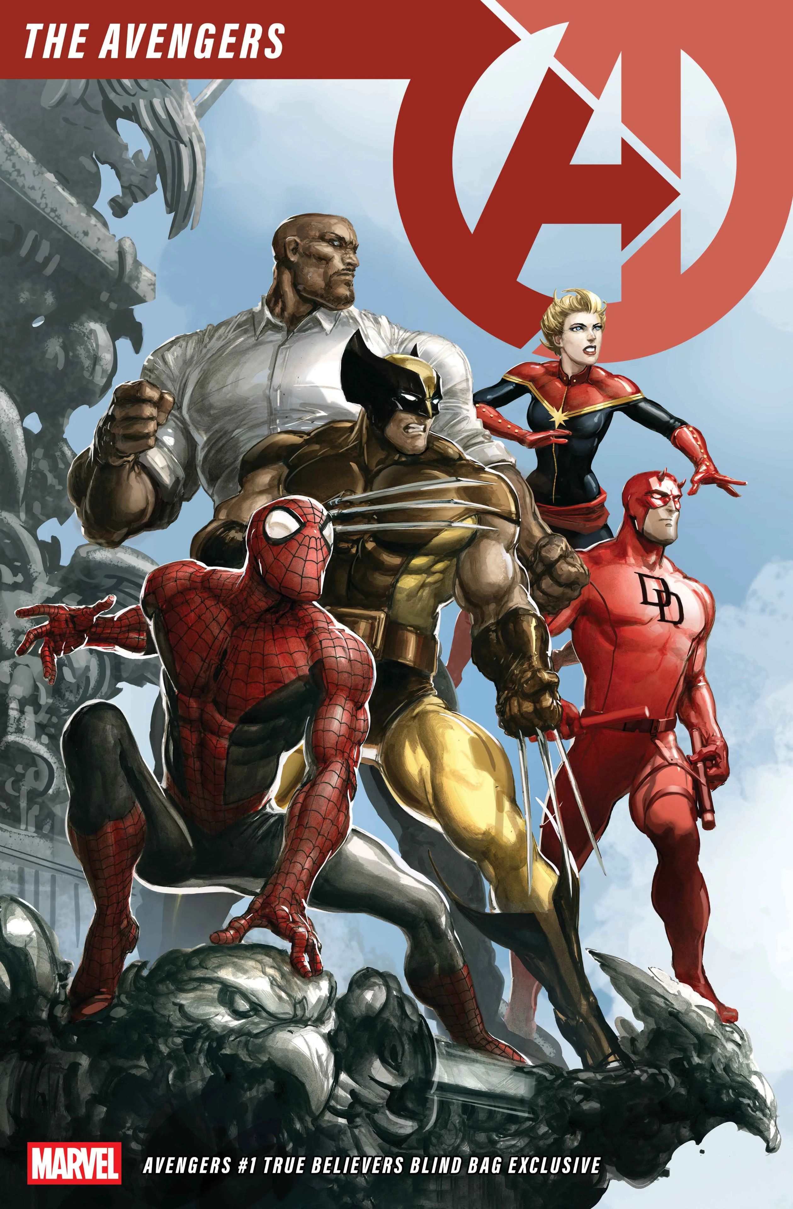 avengers 1 cover art showing the new avengers roster including spider-man and wolverine