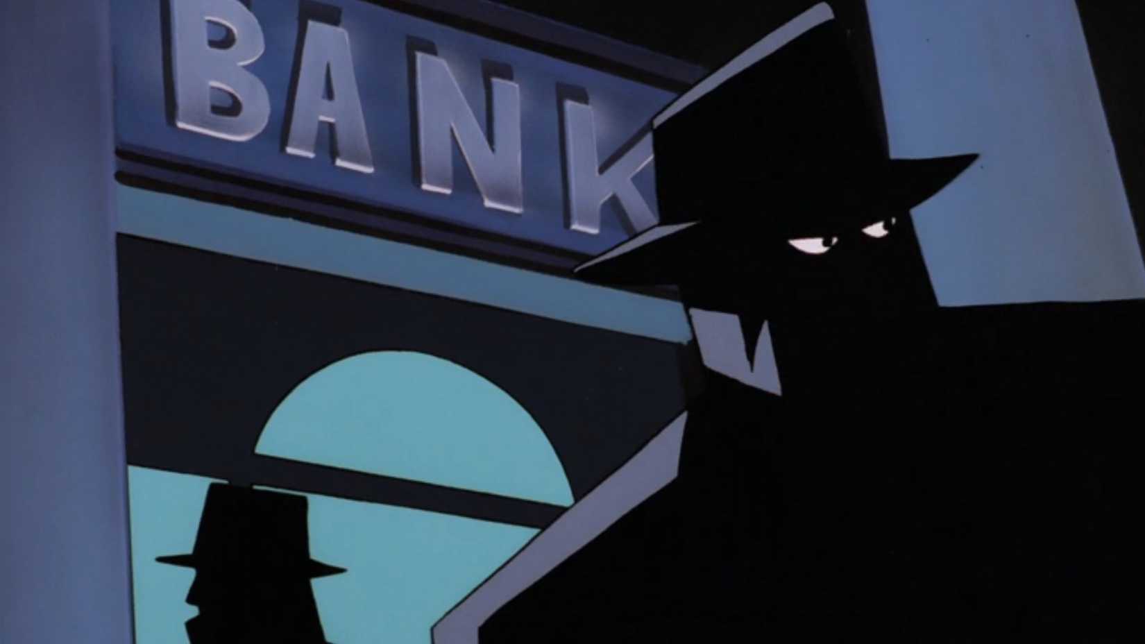 Two bank robbers walking by a bank entrance right before it explodes