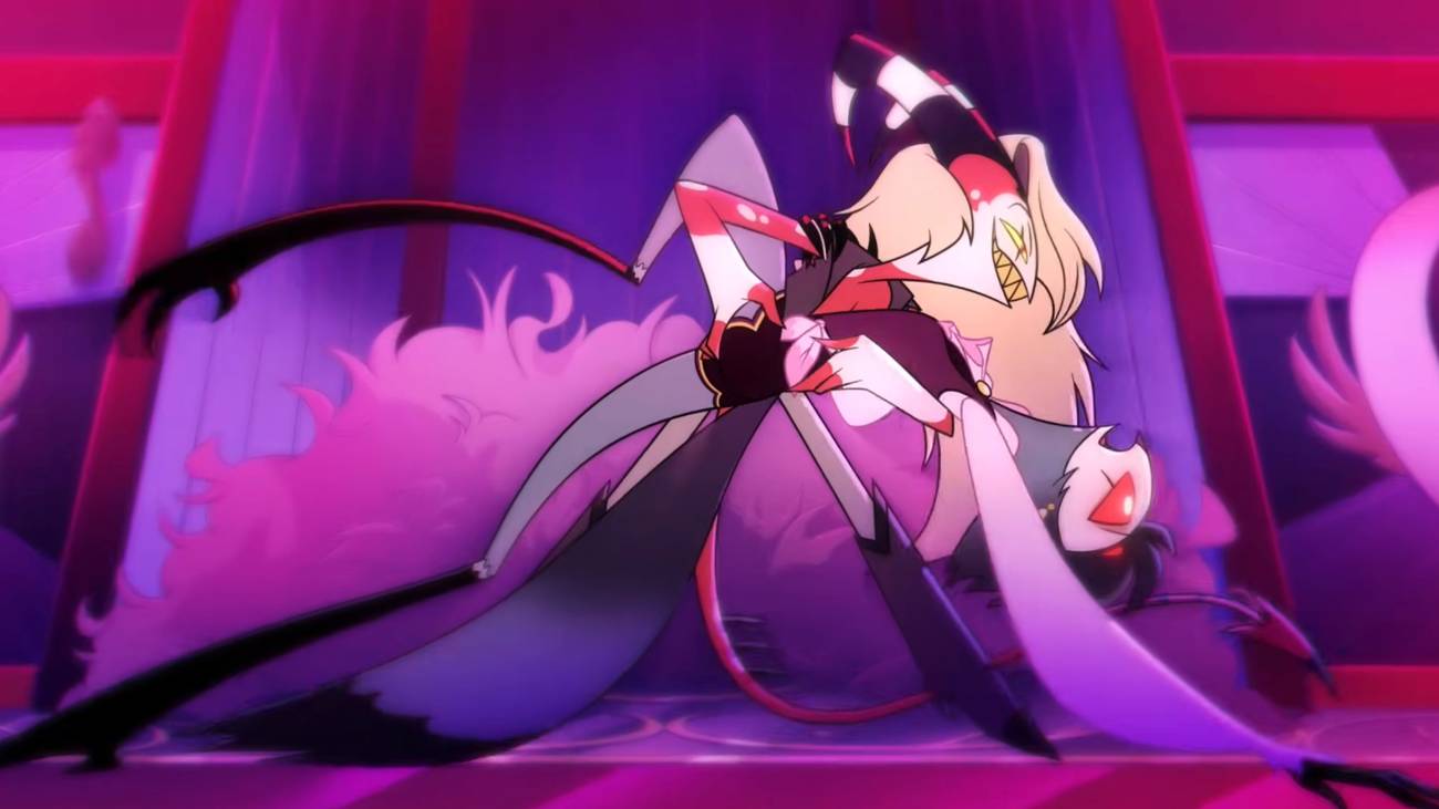 Blitz holding Stolas in his arms romantically in Helluva Boss season 3