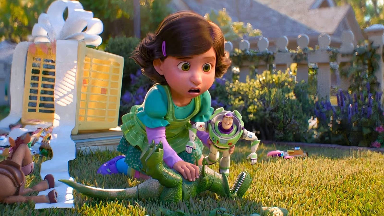 Bonnie is stunned while holding to Buzz and dinosaur in Toy Story 5