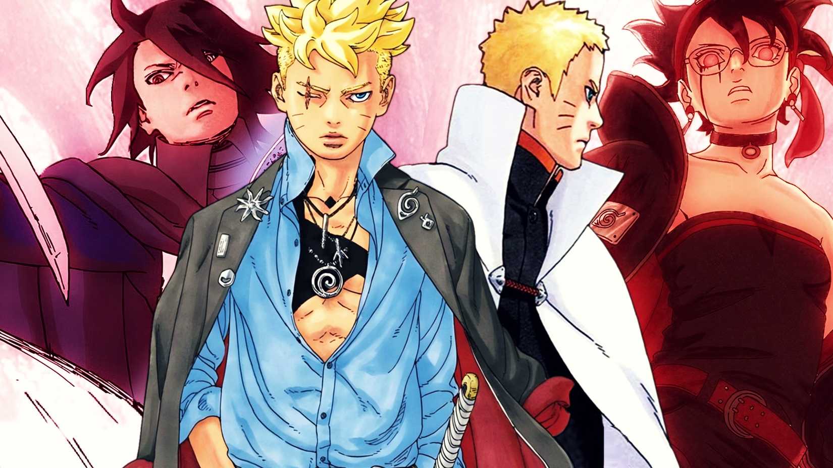 Boruto and Naruto in front of Sasuke and Sarada from Boruto Two Blue Vortex