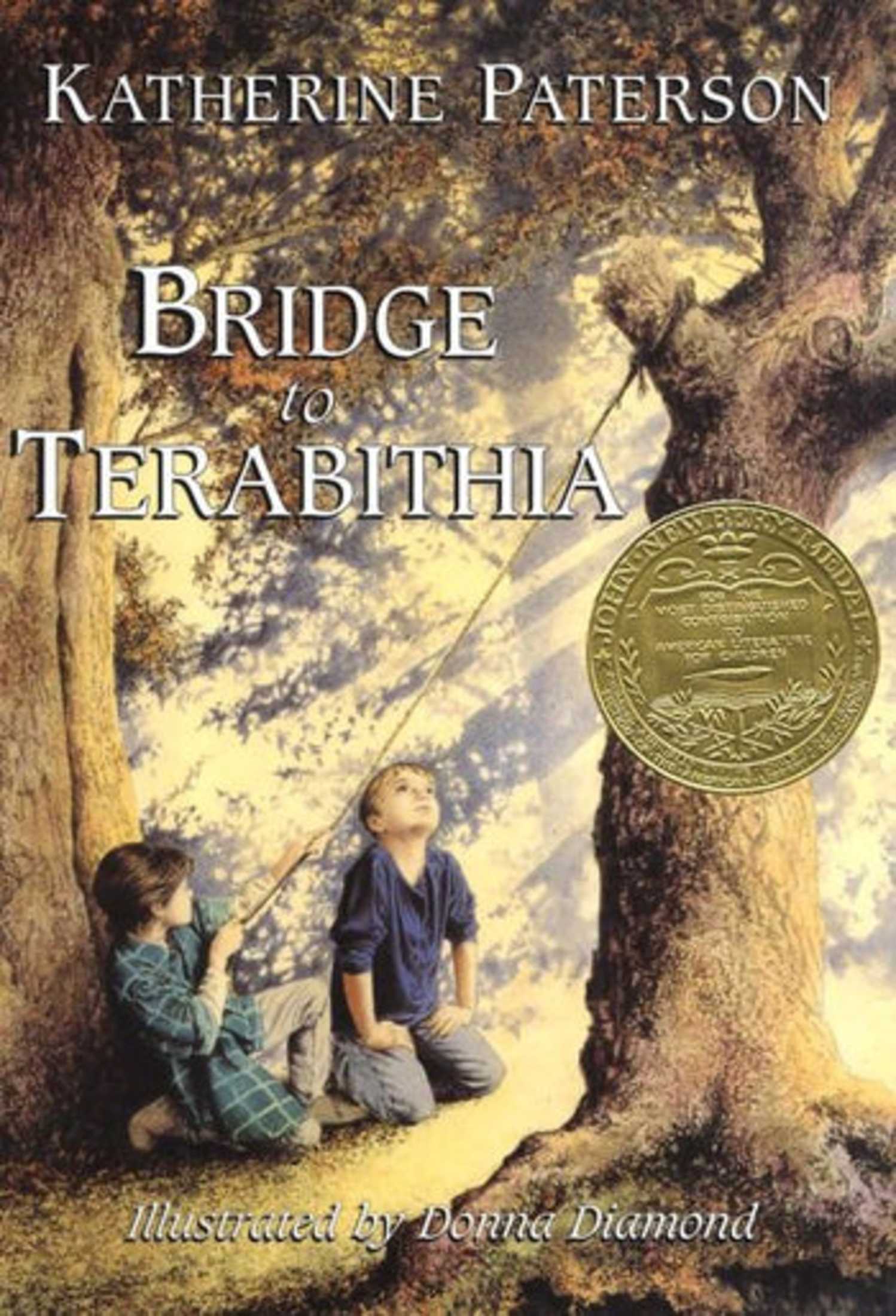 Bridge to Terabithia book cover, two kids playing in the woods
