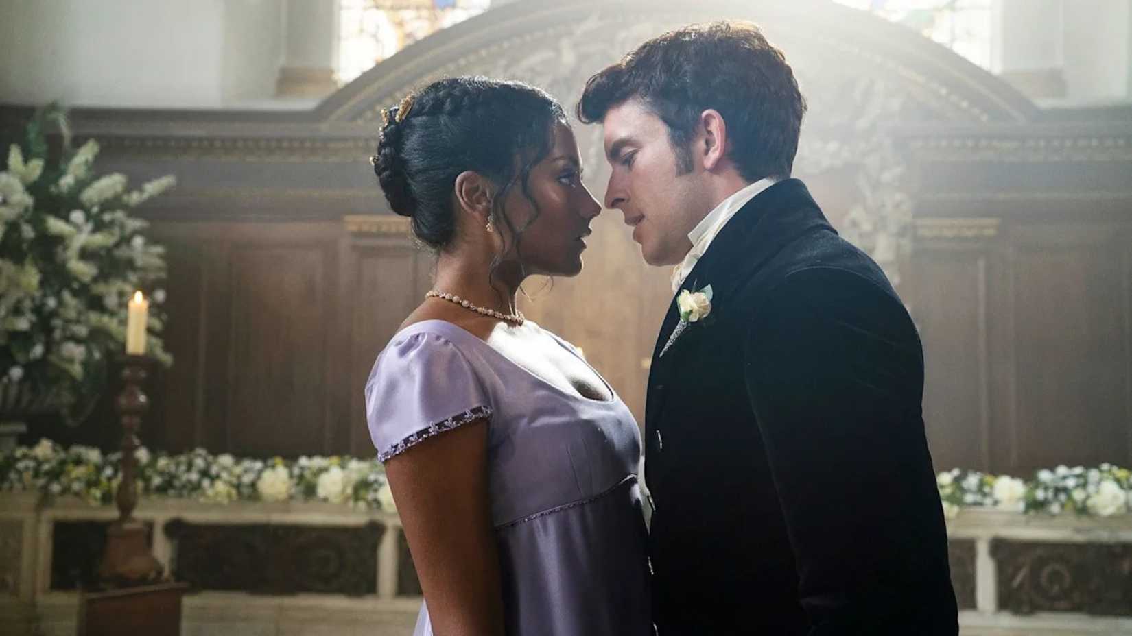 Kate and Anthony kiss in a church in Bridgerton season 2.