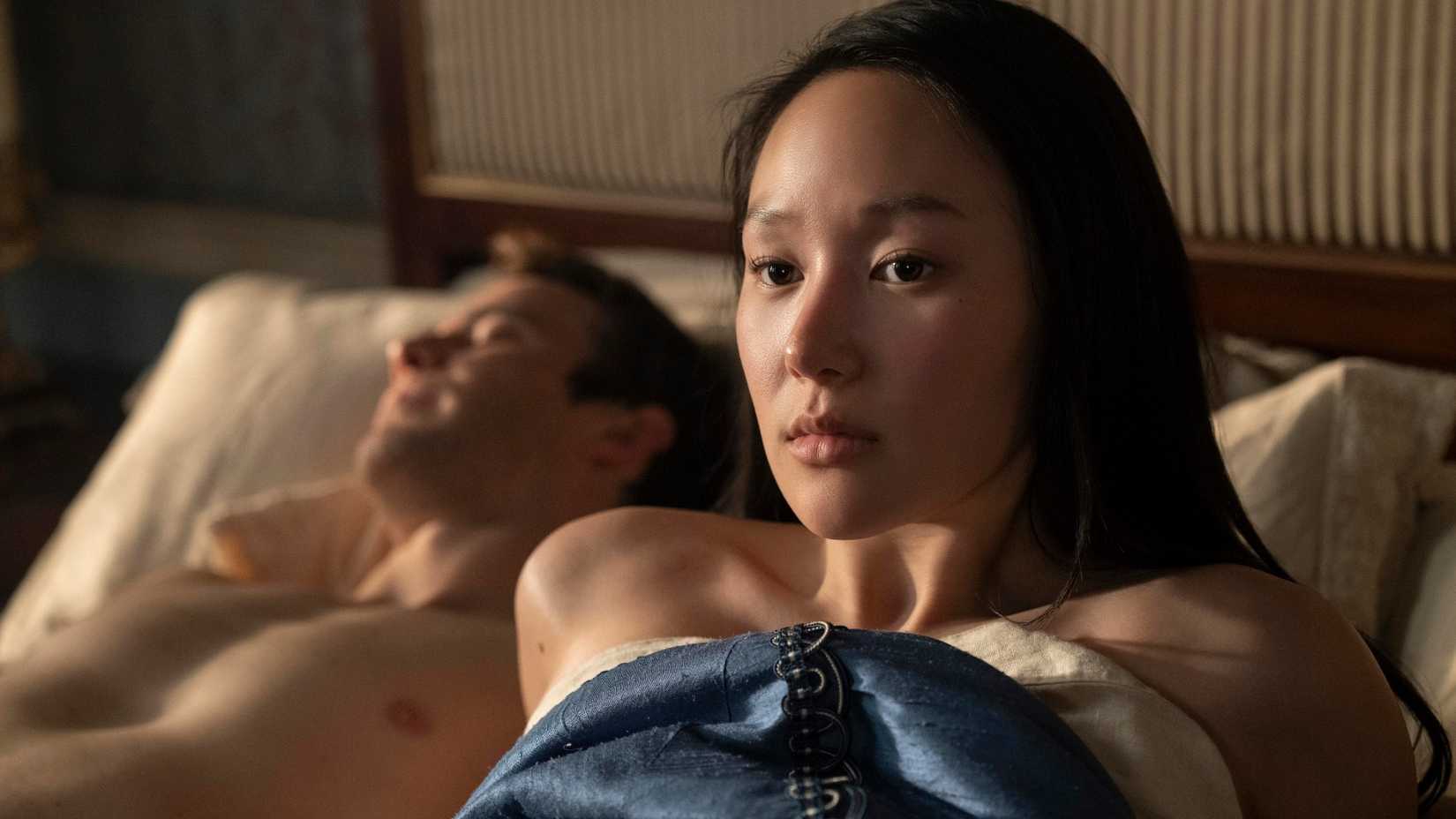 Benedict and Sophie in bed in Bridgerton season 4.