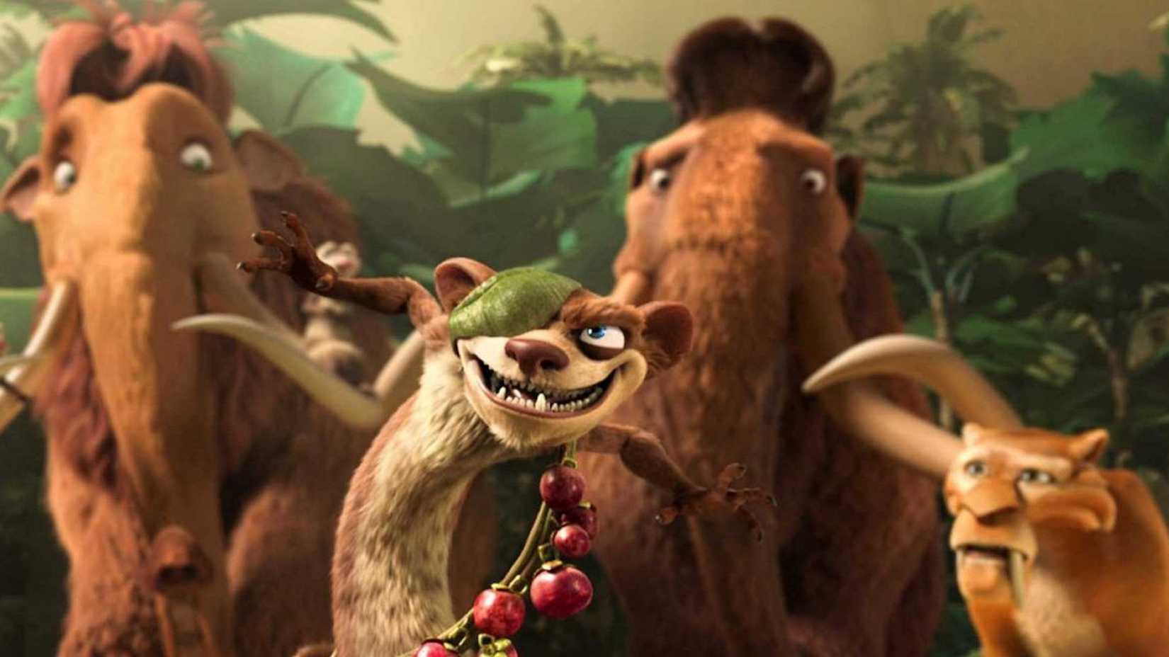 Buck standing in front of Manny and his friends in Ice Age Dawn Of The Dinosaurs