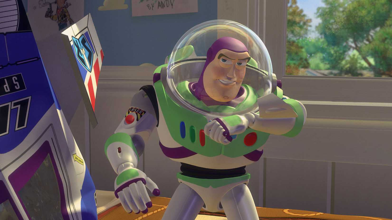 Buzz Lightyear speaking on his arm in Toy Story