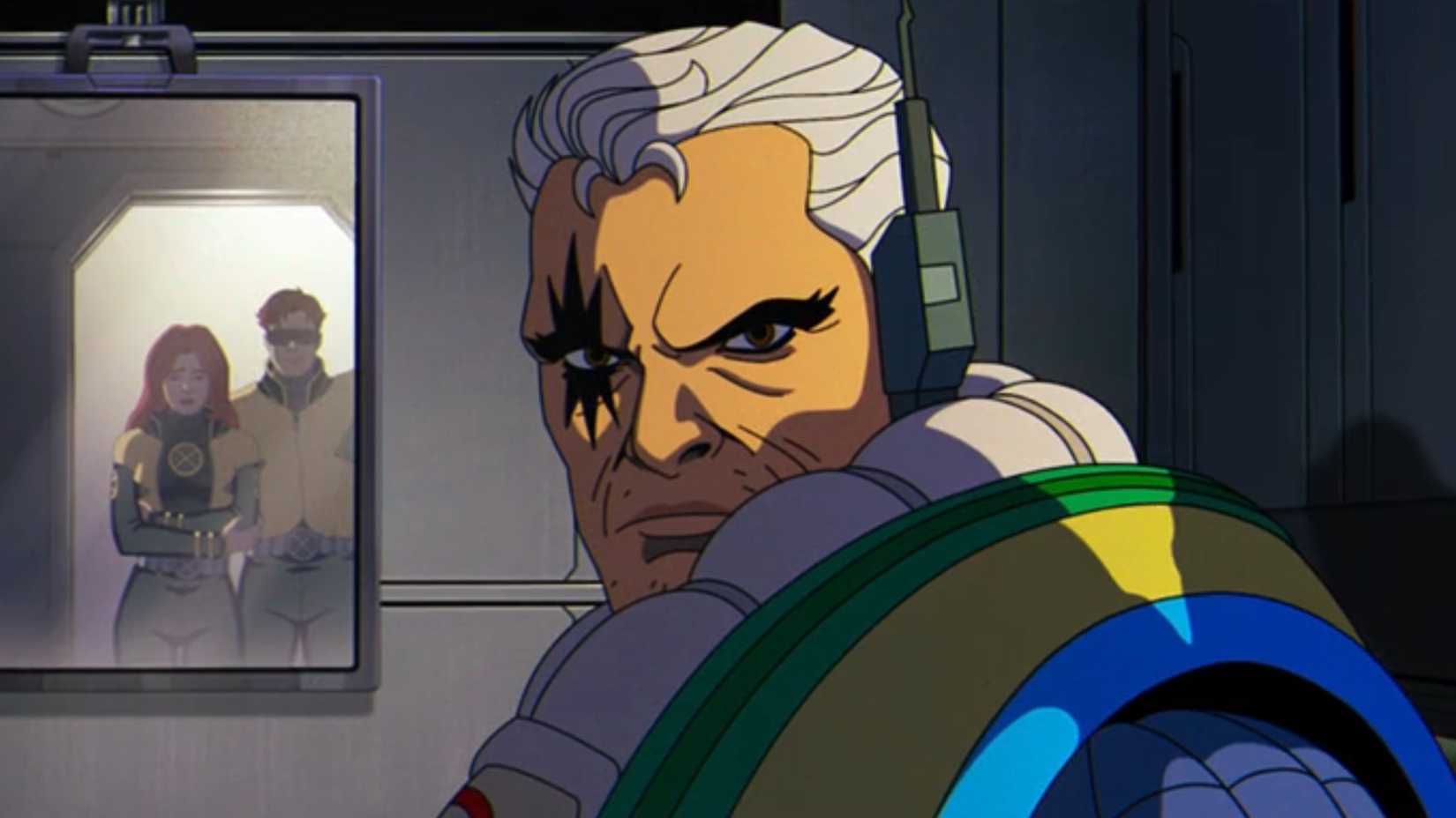 Cable looking back at Cyclops and Jean Grey, who are reflected in a mirror