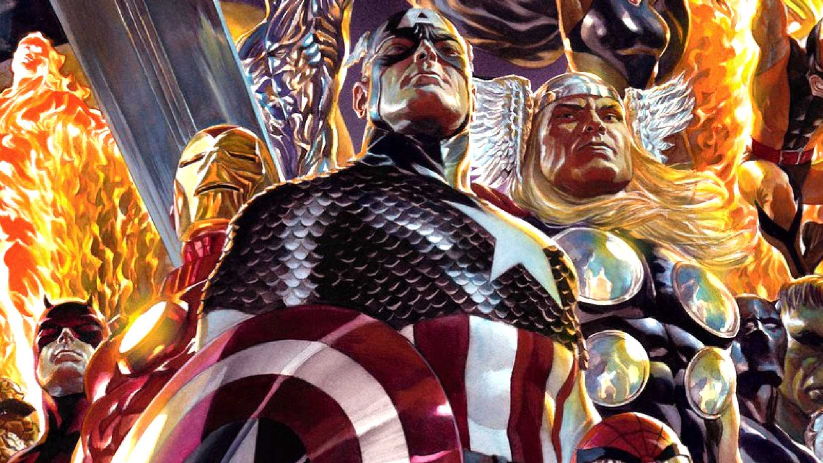 Captain America, Thor, and Iron Man lead the Avengers in Alex Ross Marvel Dimensions cover