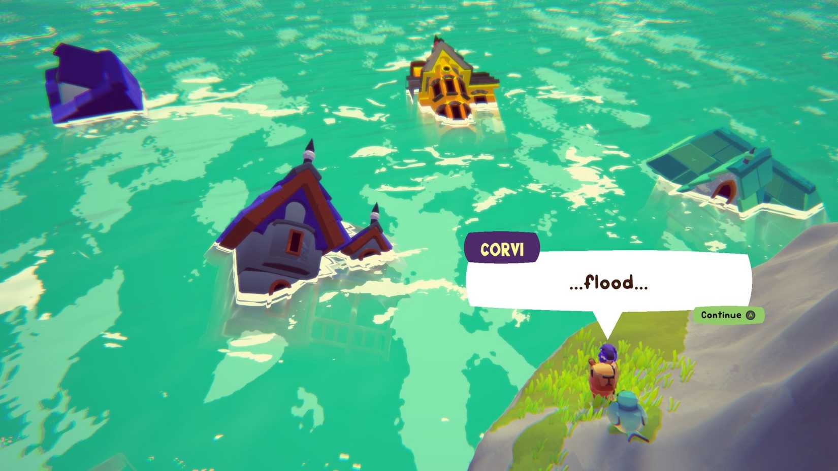 Capy Castaway screenshot with Capy and Corvi looking at the flood