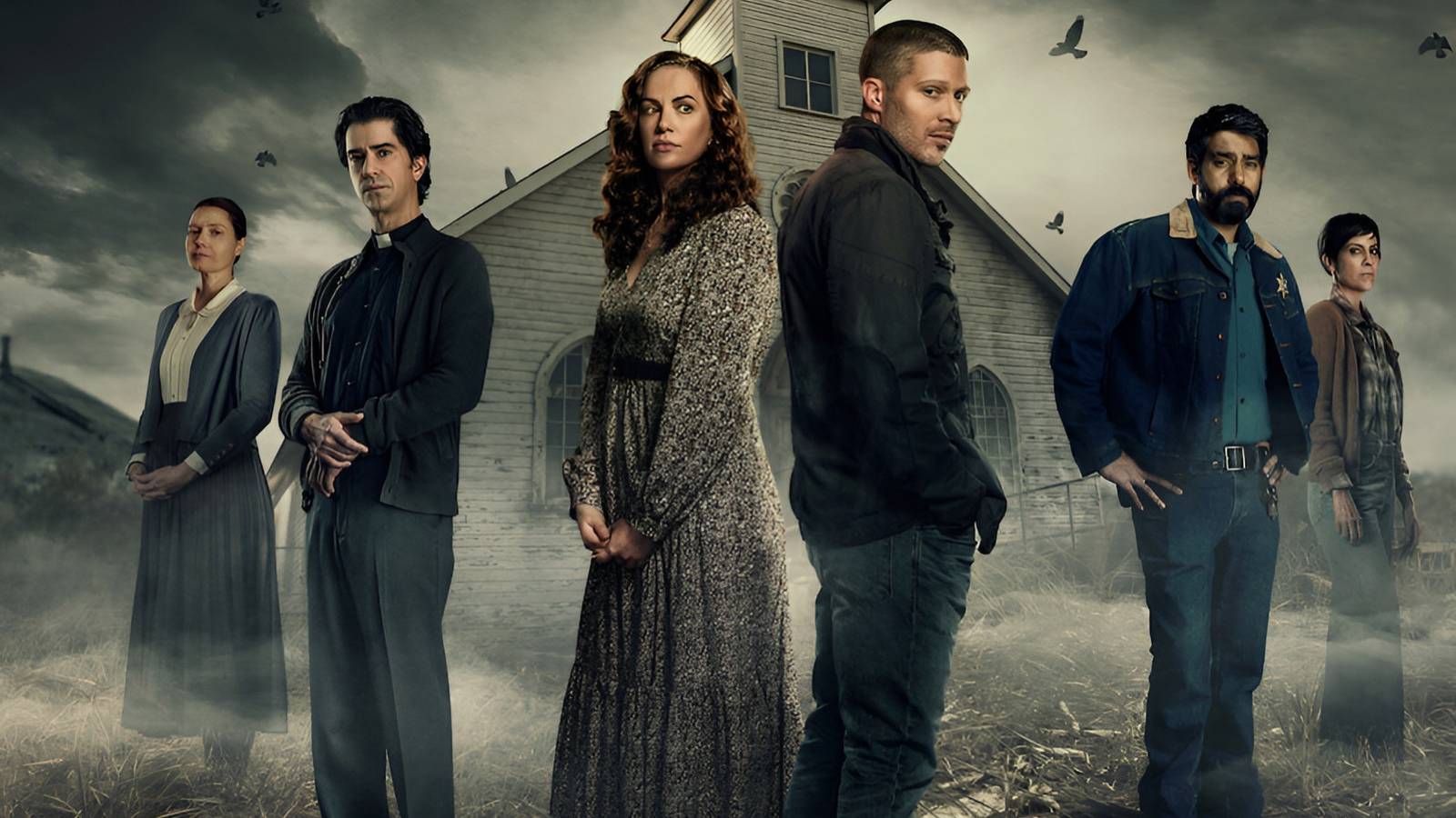 The cast of Netflix’s Midnight Mass including Samantha Sloyan, Hamish Linklater, Kate Siegel, Zach Gilford, Rahul Kholi, and Annabeth Gish