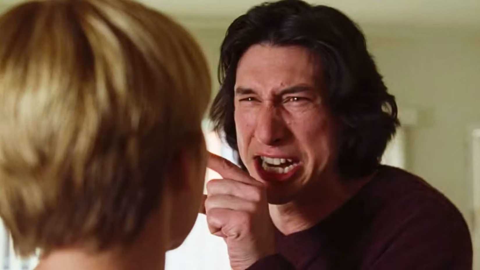 Charlie yelling, crying and pointing at his wife in Marriage Story