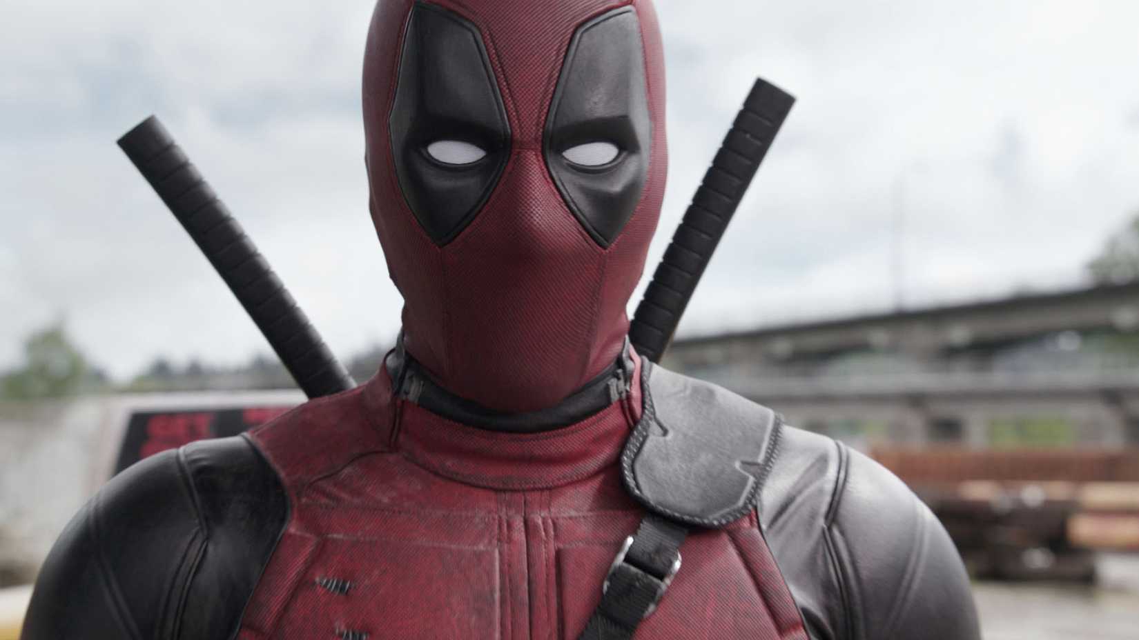 Closeup of Deadpool in his suit