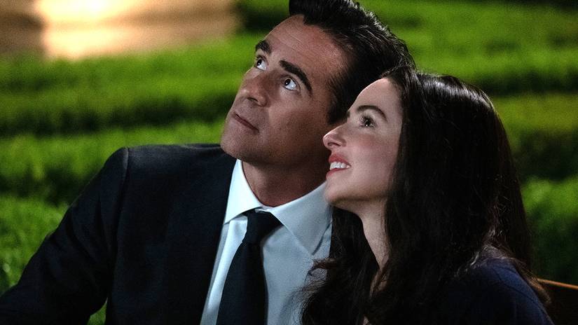 Colin Farrell's Sugar and Laura Donnelly's Charlotte looking up toward the sky with their faces close in Sugar season 2 YT