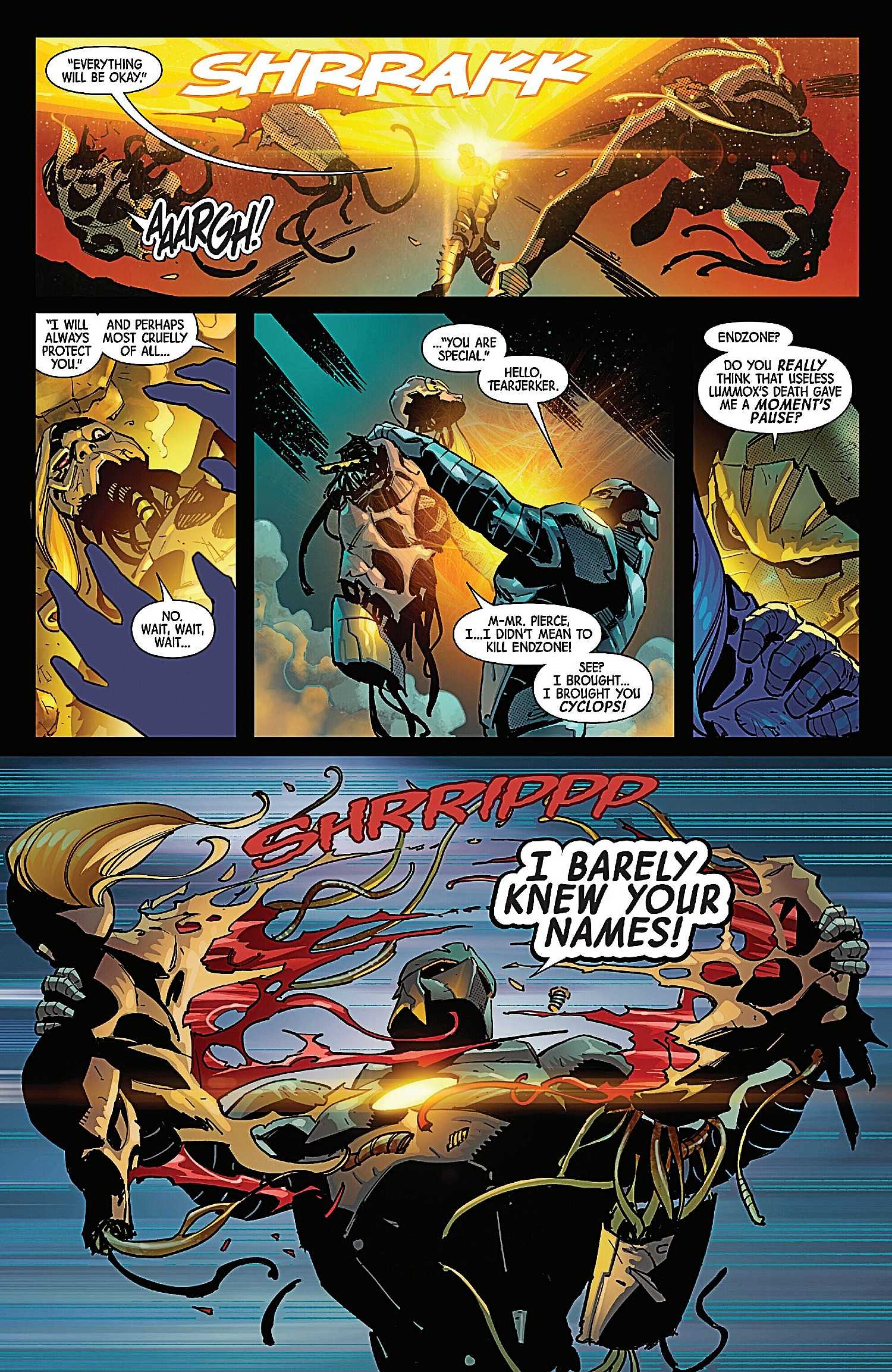Cyclops #5, Donald Pierce tears Tearjerker in half