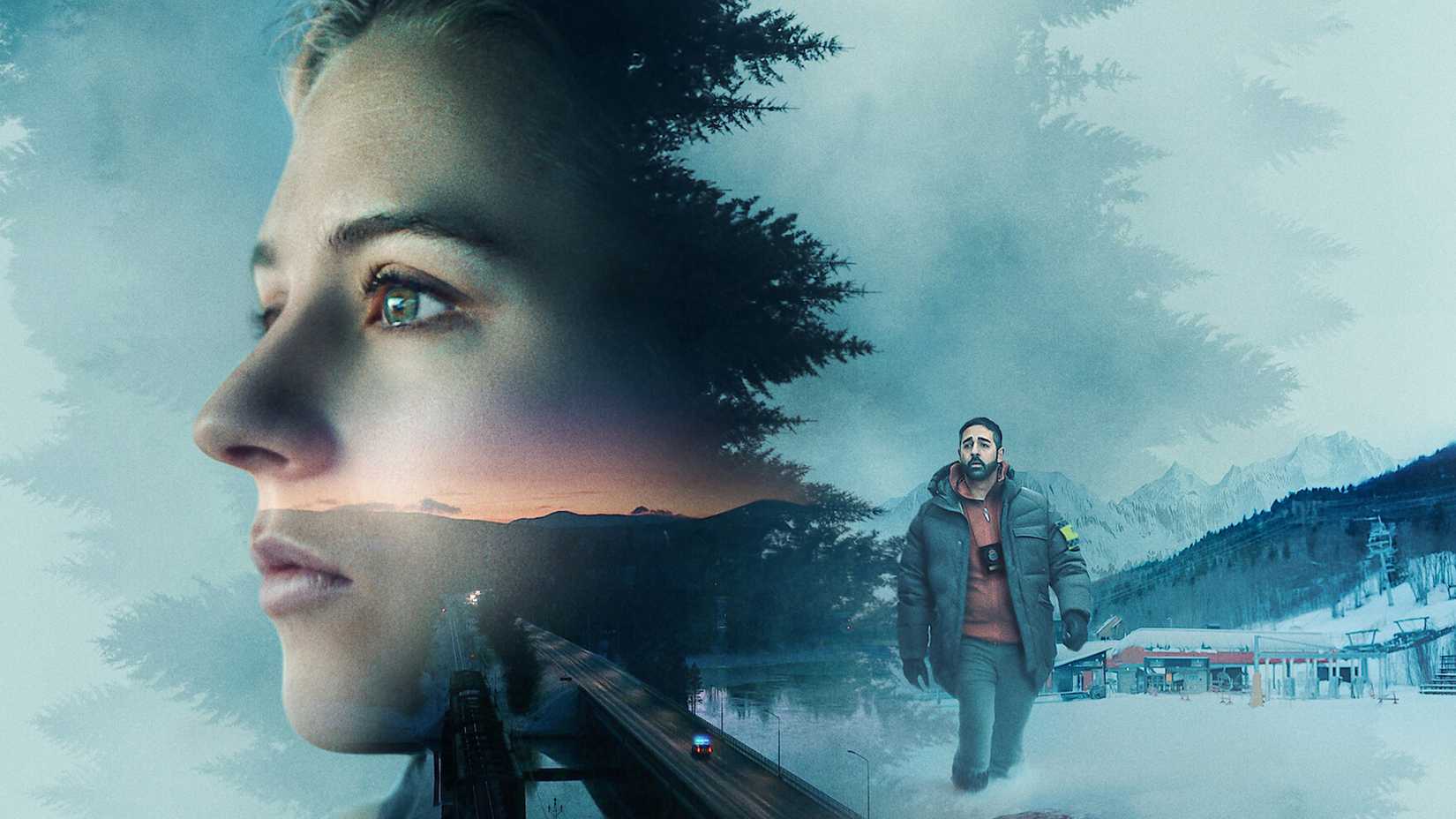 Daniel and Hanna are in front of a snowy landscape on the poster of The Are Murders