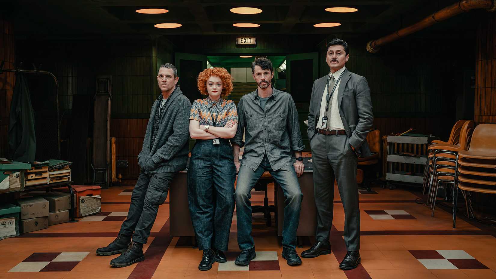 Dept .Q Season 2 promo image (L-R Jamie Sives as DS James Hardy,  Leah Byrne as DC Rose Dickson, Matthew Goode as DCI Carl Morck, Alexej Manvelov as Akram Salim)