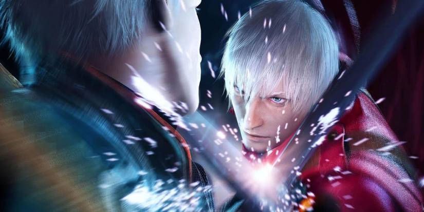 A young Dante and Vergil are locking swords in Devil May Cry 3 promotional art. Dante is center frame looking intensely at Vergil who is holding back his brothers sword with his own katana while sparks errupt from their weapons clash.