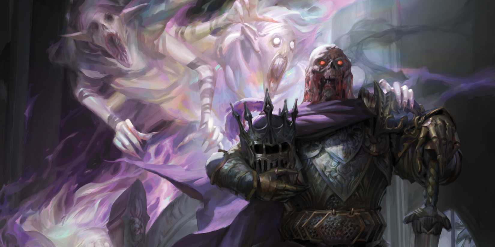 Lord Soth poses, flanked by ghosts in DnD Ravenloft artwork.