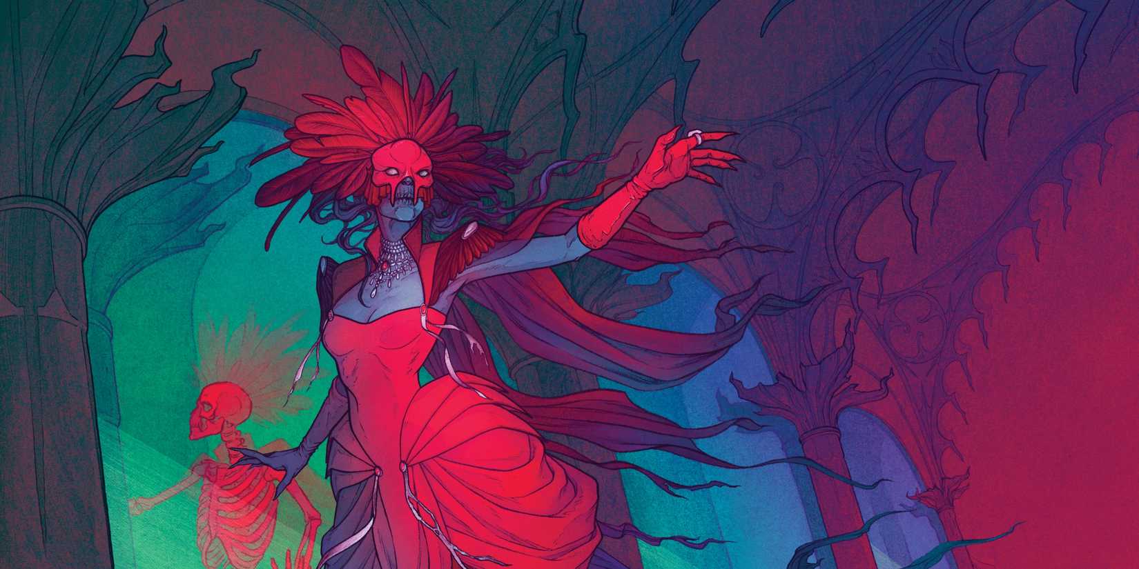 Saidra floats through the air in a red dress in DnD Ravenloft artwork.