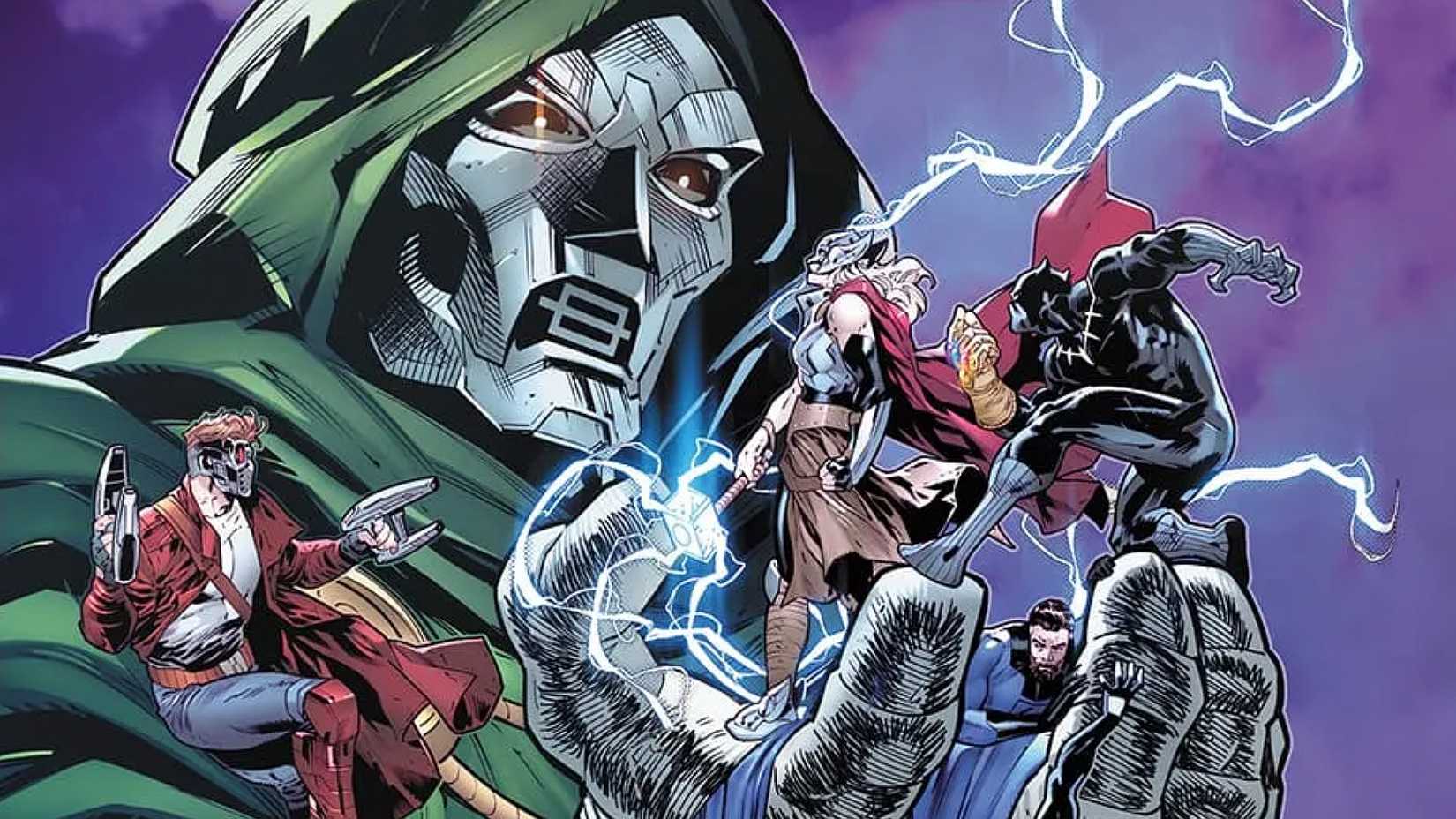 Doctor Doom holding Thor and Black Panther in art from the Secret Wars RPG.