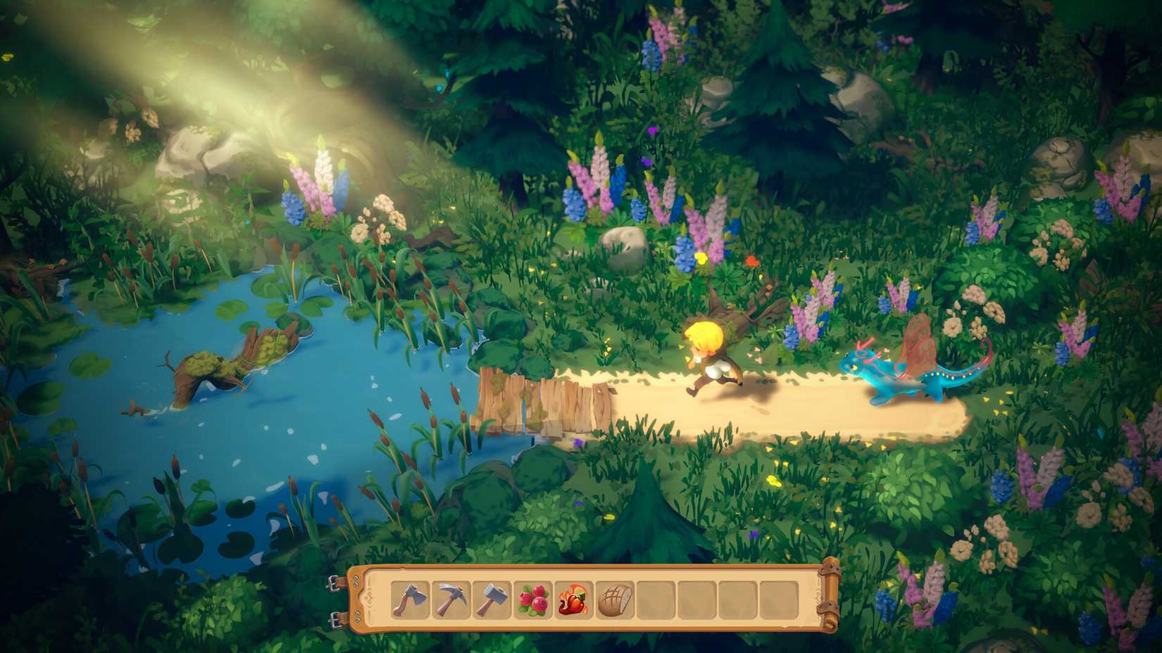 Dragon Shelter character running through a field of flowers followed by his dragon