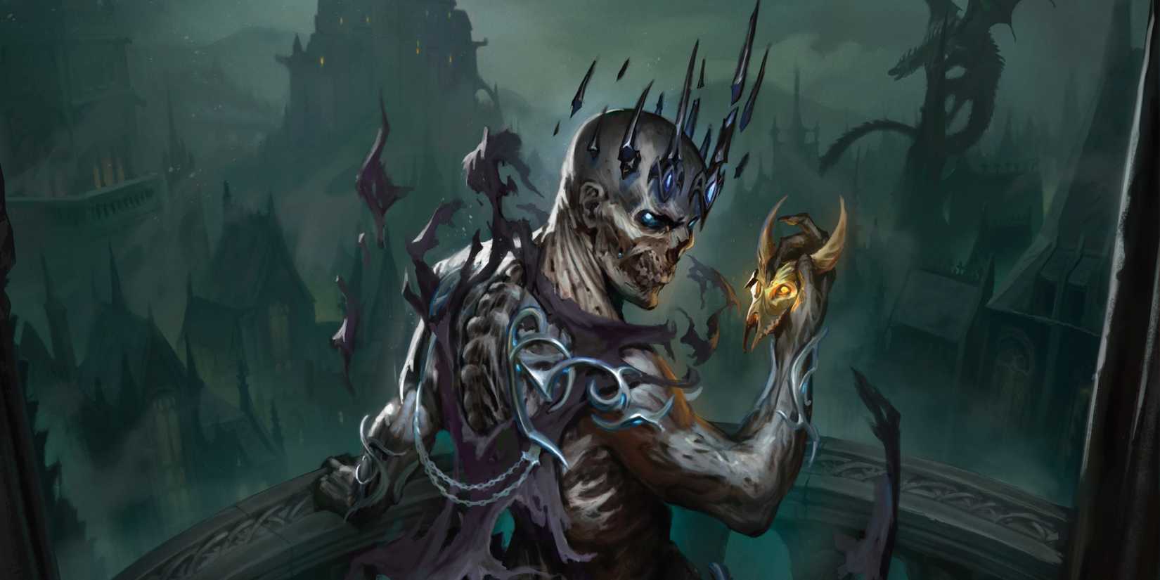 Azalin Rex holds a small dragon skull and looks backward from his balcony in Dungeons and Dragons: Ravenloft.